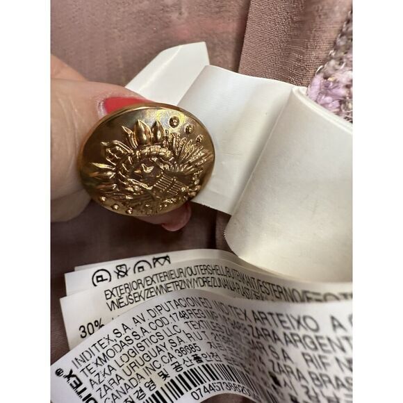 A374 ZARA WOMAN FANTASY TWEED PINK LONG GOLD BUTTONS COAT BLAZER JACKET Large - Picture 12 of 15